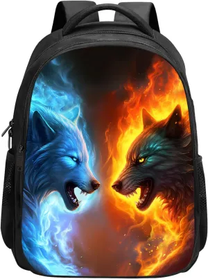 Wolf Backpack for Kids Boys Girls, Cool Fire and Ice Wolf Bookbag for Elementary Kids School Bags, Wolf Children Bookbags Casual Travel Back Pack, Water Resistant Lightweight 15.7 Inches
