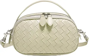 Women's Genuine Leather Crossbody Bag - Small Adjustable Strap Woven Purse, Multi-Pocket Handbag for Everyday Use