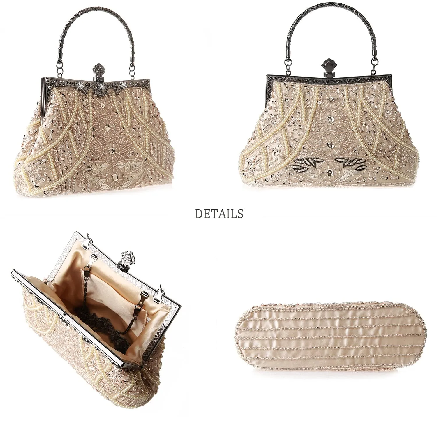 Womens Vintage Floral Beaded Rhinestone Embroidery Clutch Sequin Crossbody Bag Evening Handbag for Bridal Wedding Party Prom