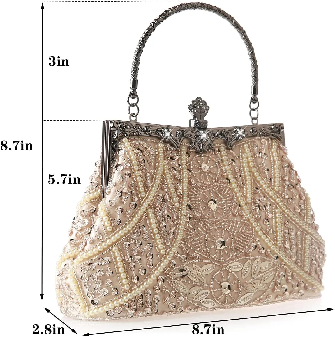 Womens Vintage Floral Beaded Rhinestone Embroidery Clutch Sequin Crossbody Bag Evening Handbag for Bridal Wedding Party Prom
