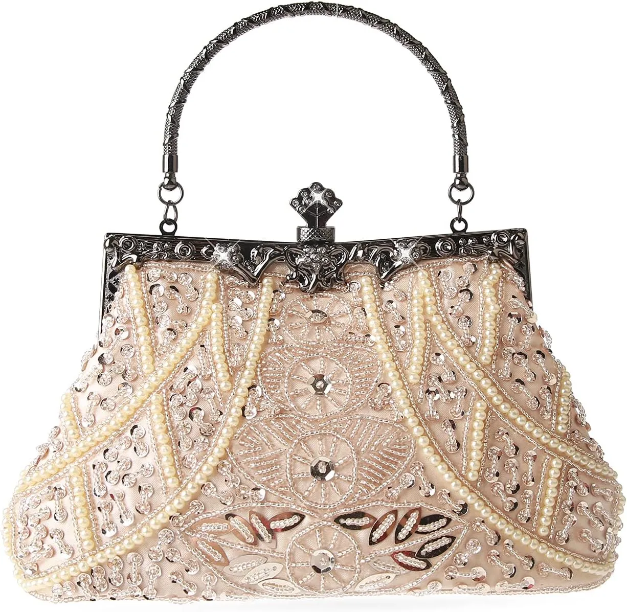 Womens Vintage Floral Beaded Rhinestone Embroidery Clutch Sequin Crossbody Bag Evening Handbag for Bridal Wedding Party Prom