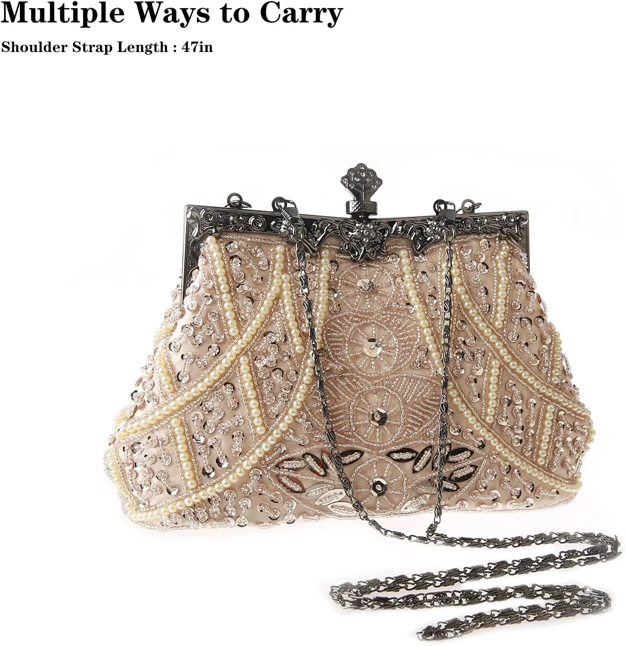 Womens Vintage Floral Beaded Rhinestone Embroidery Clutch Sequin Crossbody Bag Evening Handbag for Bridal Wedding Party Prom